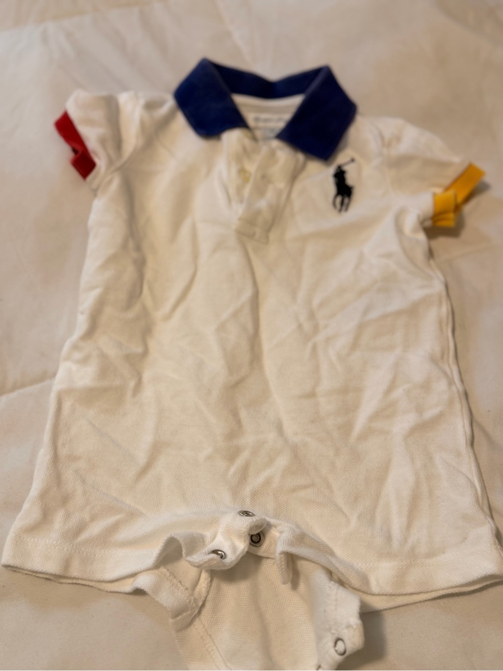 Ralph Lauren White Polo Romper with Blue Collar and Multi Accent Sleeves